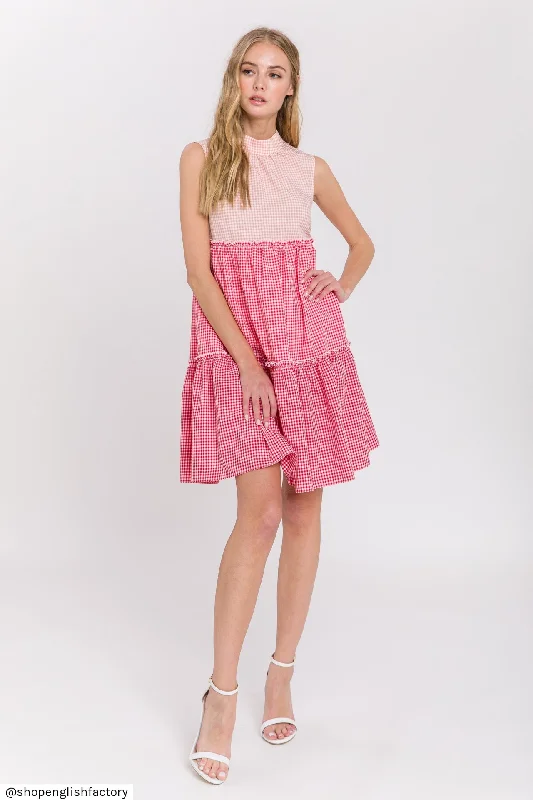 English Factory - Check Color Block Mini Dress Comfortable One-Shoulder Mini Dress