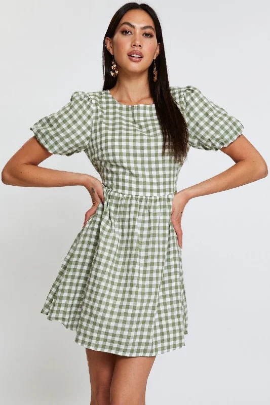 Check Mini Dress Short Sleeve Fashionable Button-Front Mini Dress