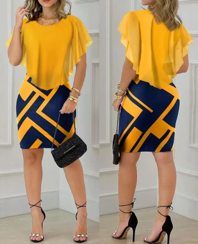 Chic Geometric Print Mini Dress:  Summer's Elegant Short Sleeve Casual Delight Cozy Cowl Neck Mini Dress