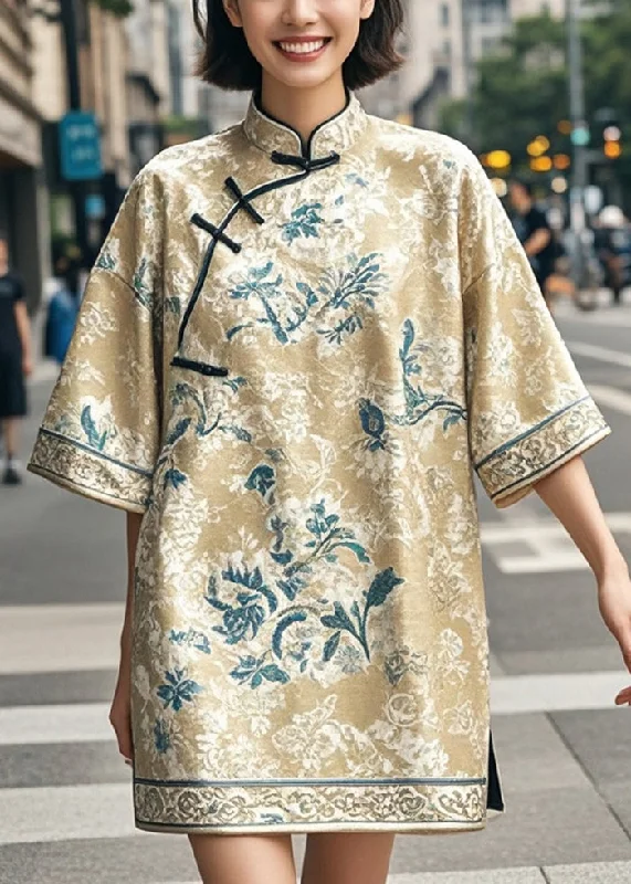 Chic Khaki Print Chinese Style Mini Dresses Half Sleeve Comfortable Casual Mini Dress Chic Khaki Print Chinese Style Mini Dresses Half Sleeve Comfortable Casual Mini Dress