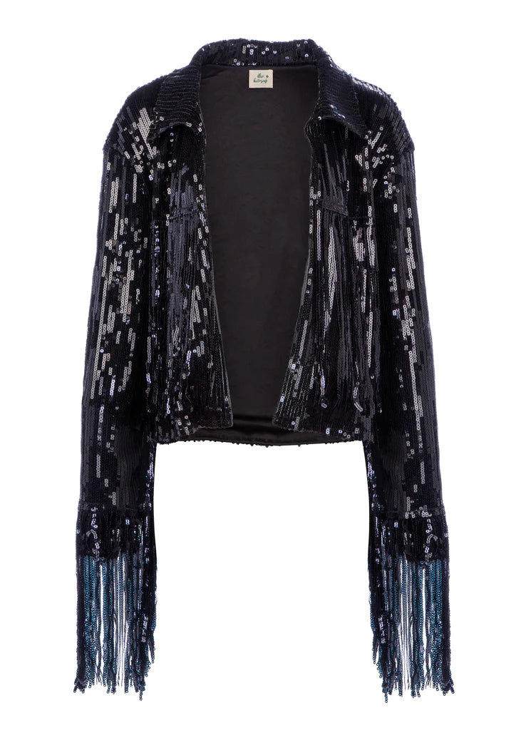 COASTAL COWGIRL BLACK SEQUIN FRINGE JACKET Striped Jacket Polka Dot Jacket Floral Jacket