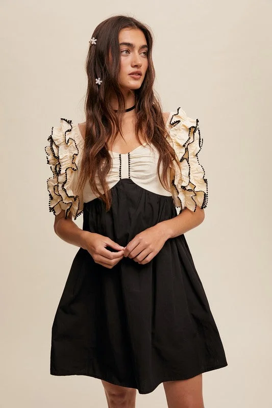 Color-Block Ruffle Sleeve Mini Dress Casual Mini Dress with Pockets
