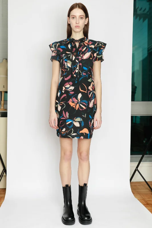 Black Floral Printed Mini Dress Comfortable Linen Mini Dress