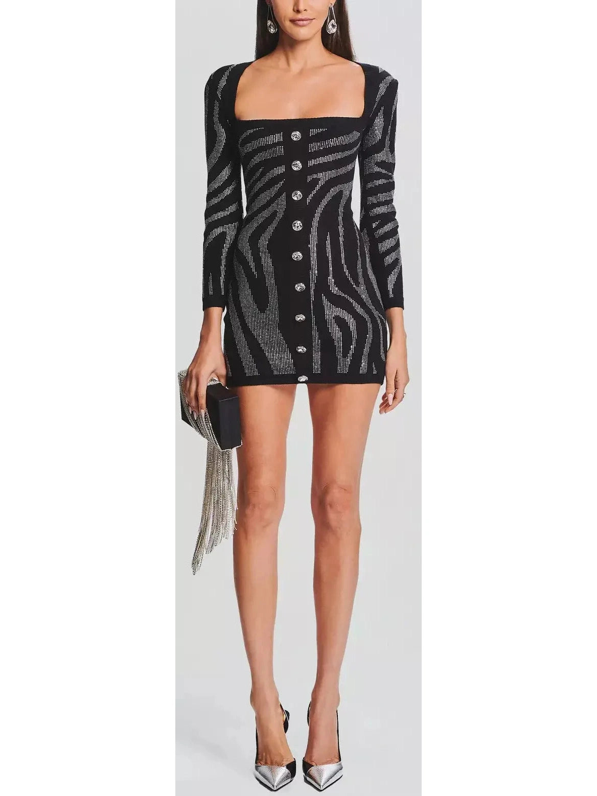 Crystal-Embellished Square-Neck Mini Dress Fashionable Mini Dress with Slits