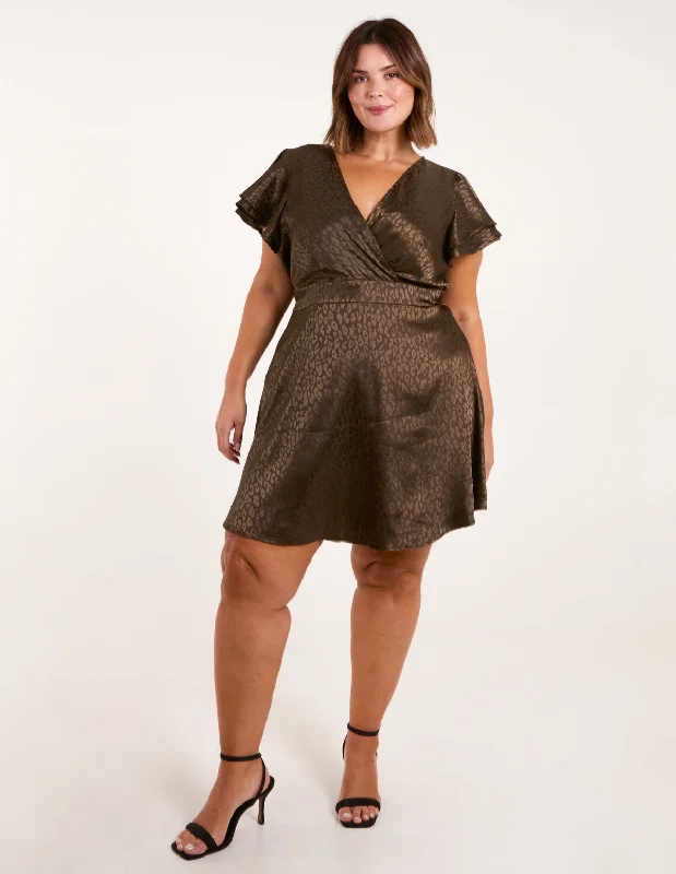 Curve Leopard Jacquard Frill Sleeve Mini Dress Comfortable One-Shoulder Mini Dress