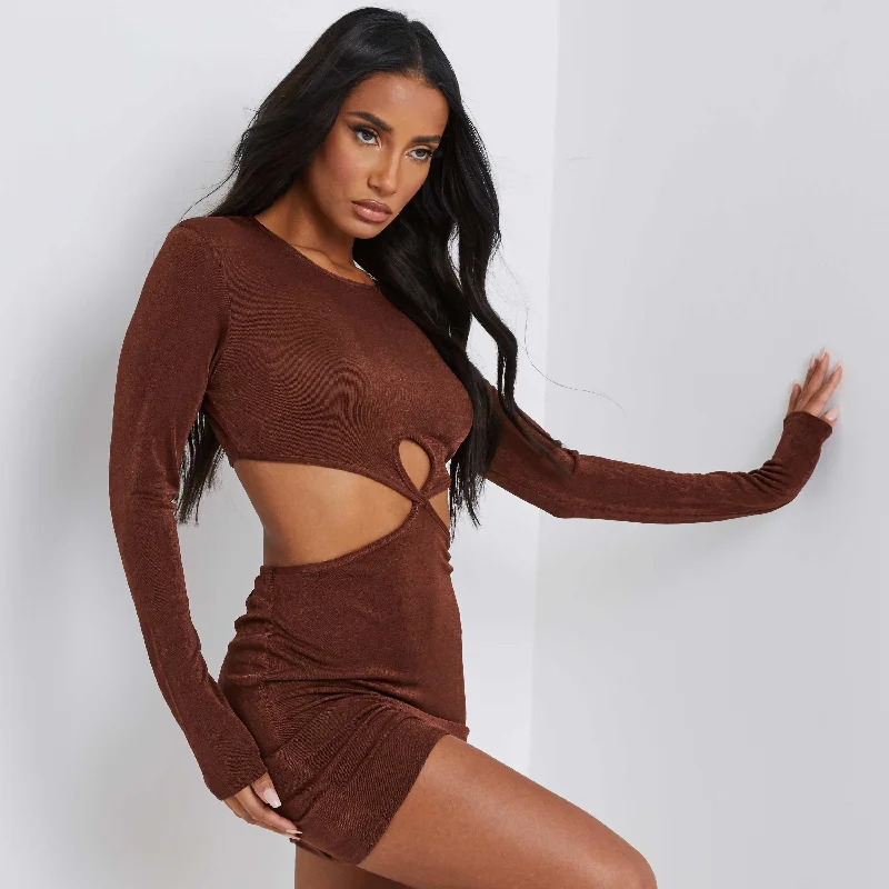 Cut Out Mini Dress In Dark Brown Elegant Lace Mini Dress