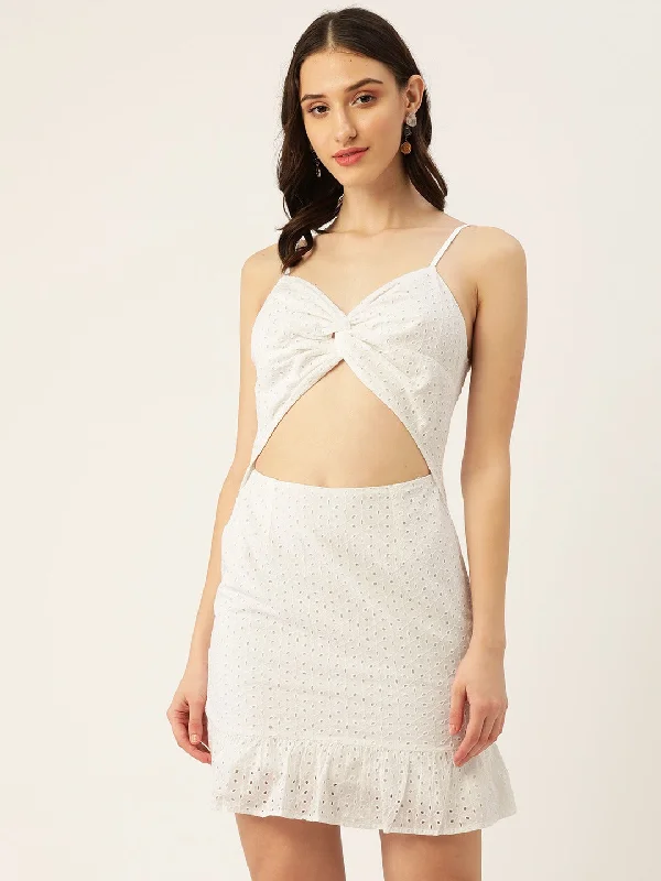 Berrylush Women Solid White Sweetheart Neck Front Cutout Schiffli Flounce Hem A-Line Mini Dress Fashionable Mini Dress with Frills