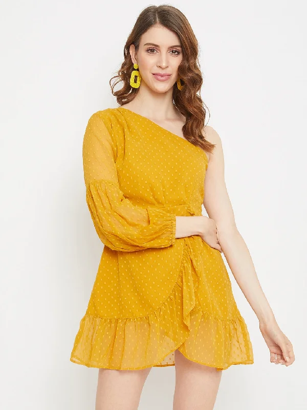 Berrylush Women Mustard Dotted One-Shoulder Fit & Flare Mini Dress Stylish Short-Sleeve Mini Dress