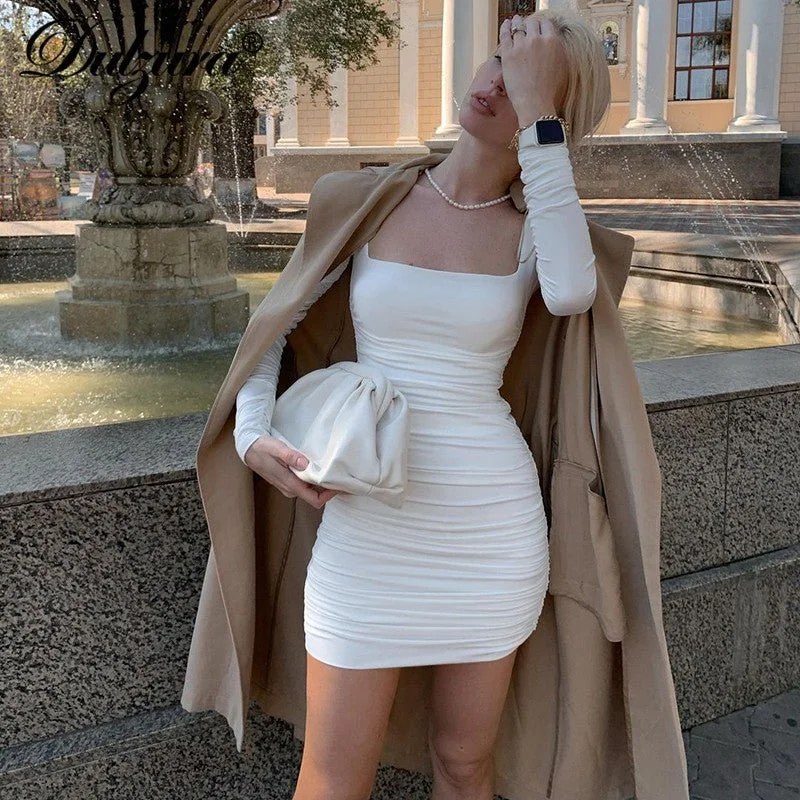 DULZURA Ruched Long Sleeve Poly-Spandex Bodycon Mini Dress Chic Mini Dress with V-Neck DULZURA Ruched Long Sleeve Poly-Spandex Bodycon Mini Dress Chic Mini Dress with V-Neck