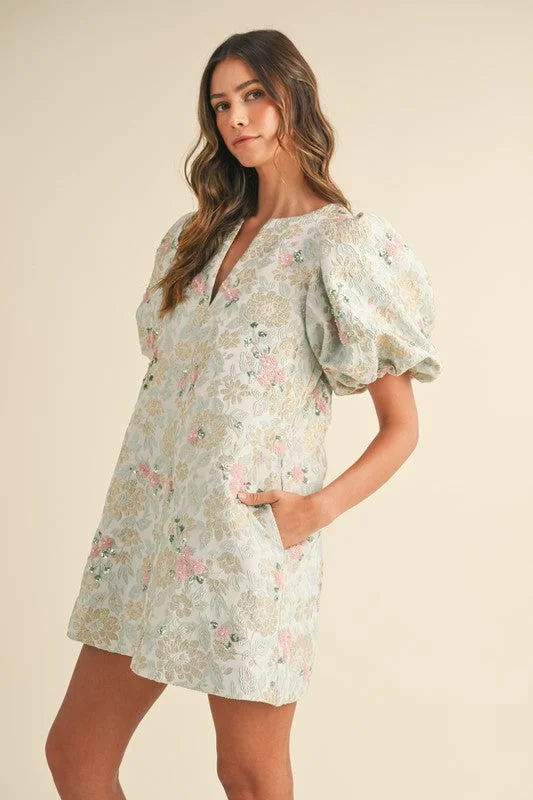 Floral Beaded Jacquard Mini Dress with Puff Sleeves Elegant Mini Dress with Ruffles