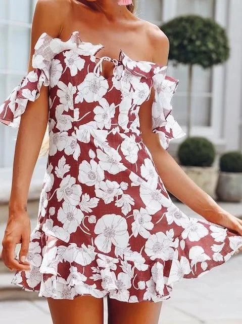 Flower Off Shoulder Backless Beach Mini Dress Trendy Tie-Dye Mini Dress