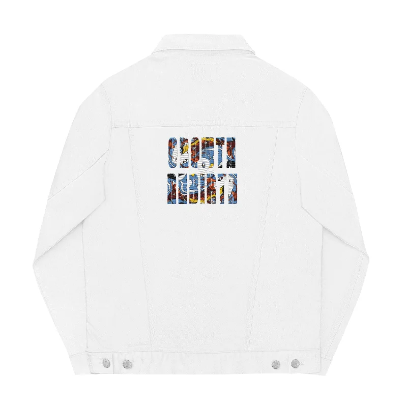 White denim jacket-embroidered growth & rebirth print A-Line Jacket Boat Neck Shawl Collar
