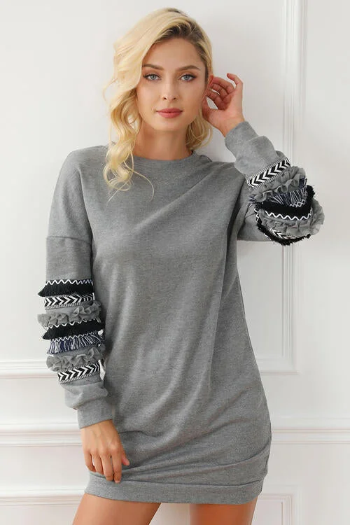 Geometric Fringe Trim Long Sleeve Mini Dress Trendy Tie-Dye Mini Dress