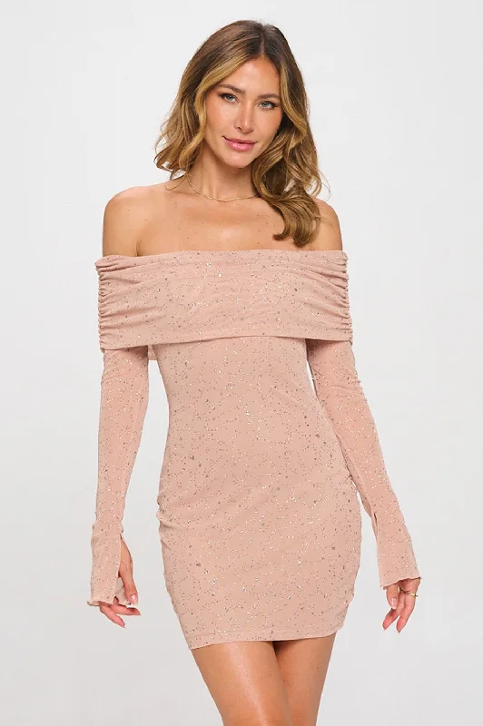 Glitter Off Shoulder Mini Dress Fashionable Polka Dot Mini Dress