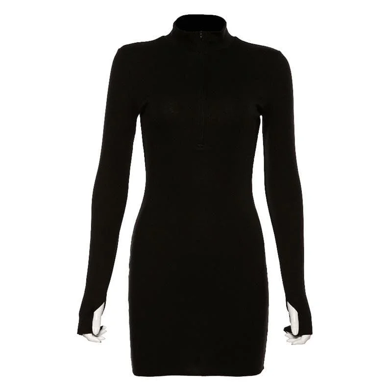 Gloves long sleeve solid zip-up high neck mini dress Casual High-Waist Mini Dress