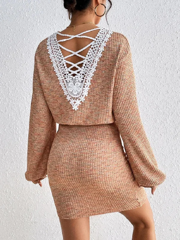 Honey Lace Detail V-Neck Mini Dress Fashionable Button-Front Mini Dress