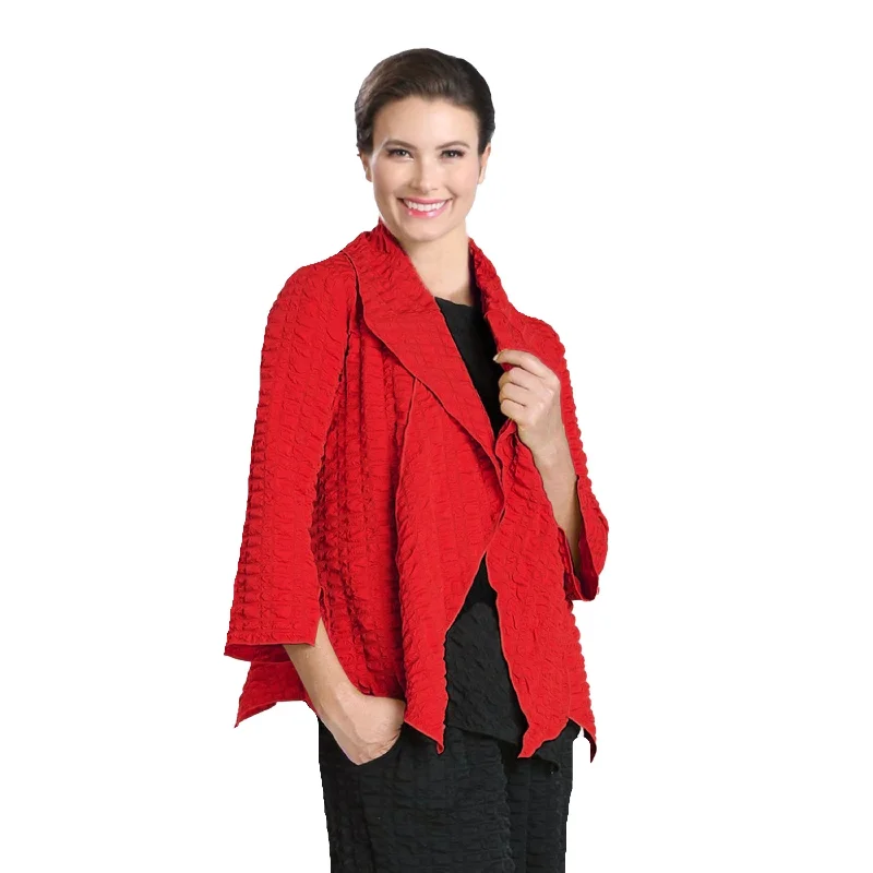 IC Collection Pucker Knit Open Front Jacket in Red - 3873J-RD - Size M Only! Print Jacket Jacquard Jacket Patchwork Jacket