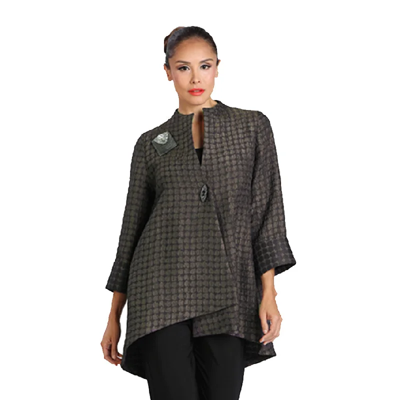 IC Collection Two Tone Dot-Print Asymmetric Jacket in Taupe/Black - 2082J-TPE - Size L Only Chenille Jacket Brocade Jacket Lace Jacket IC Collection Two Tone Dot-Print Asymmetric Jacket in Taupe/Black - 2082J-TPE - Size L Only Chenille Jacket Brocade Jacket Lace Jacket