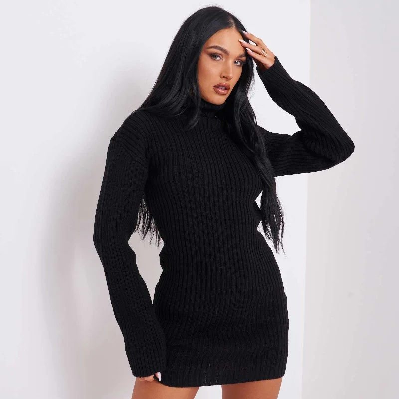 Knitted Roll Neck Mini Dress In Black Stylish Sweetheart Neck Mini Dress