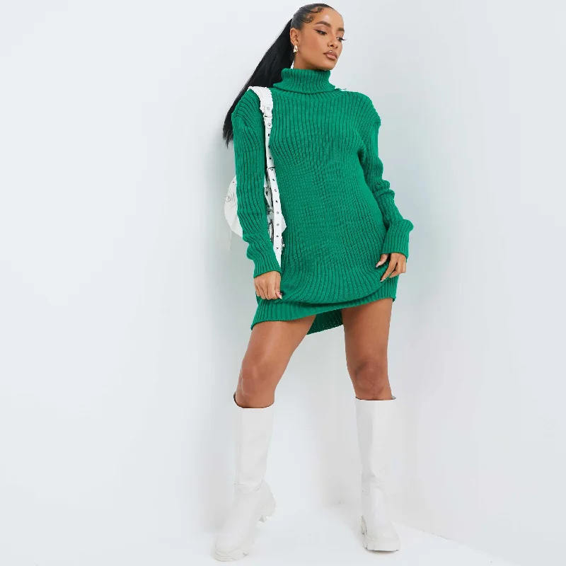 Knitted Roll Neck Mini Dress In Green Fashionable A-Line Mini Dress