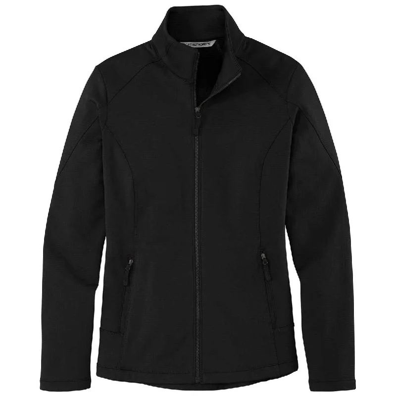 Port Authority Women's Deep Black Grid Fleece Jacket Notch Collar Jacket Peter Pan Collar Jacket Cowl Neck Jacket