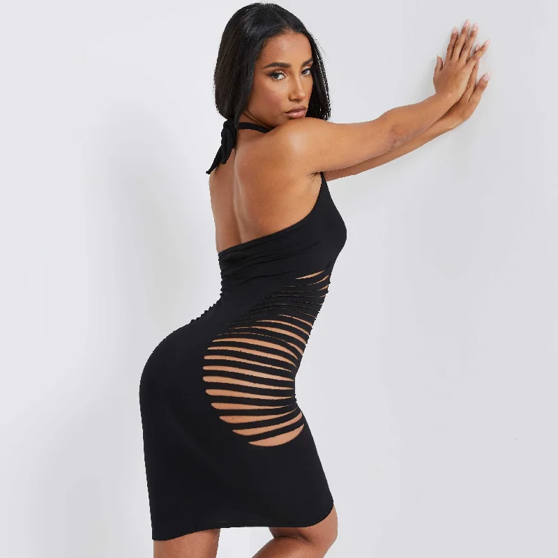 Laser Cut Out Mini Dress In Black Classic Shift Mini Dress