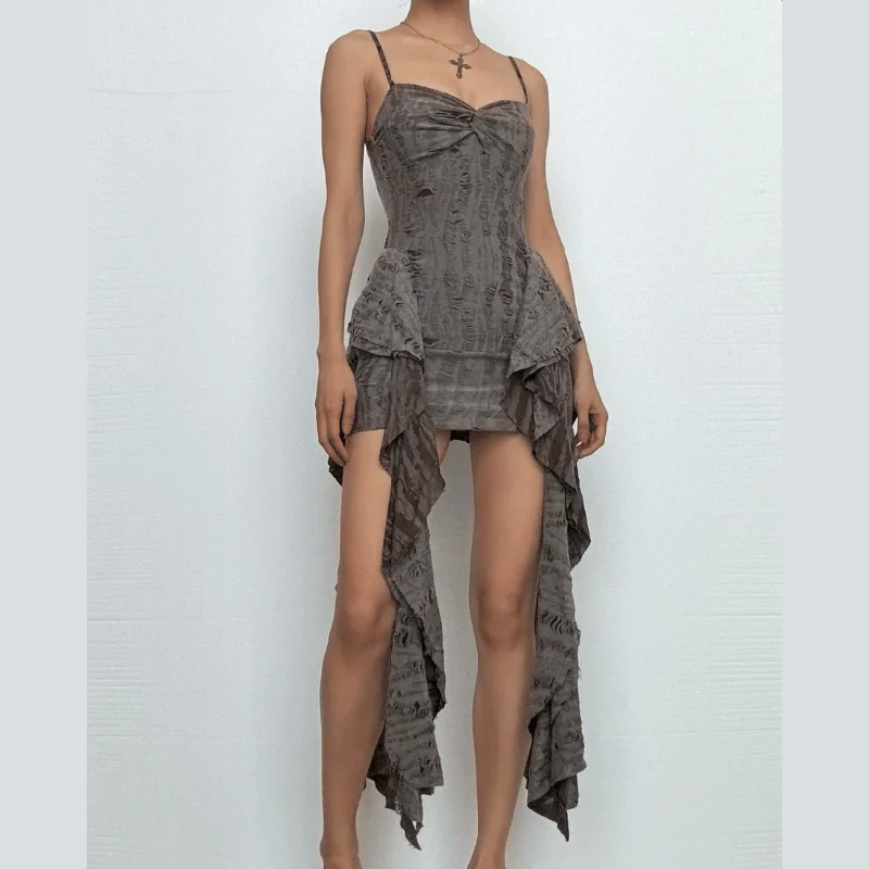 Textured ruffle ruched cami mini dress Fashionable Denim Mini Dress