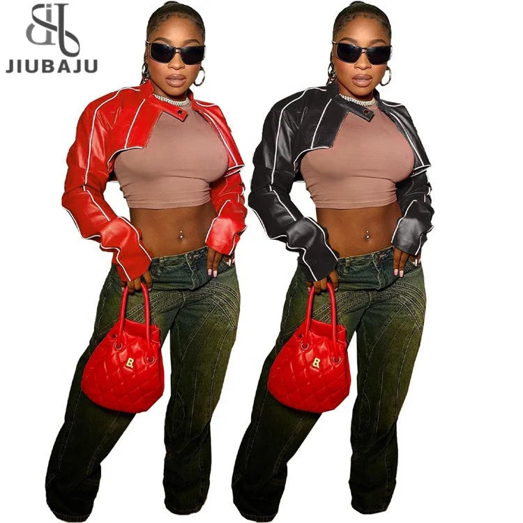 Lines Spliced PU Leather Motorcycle Racing Jackets Women Button Long Sleeve Zipper Short Coats Faux Fur Jacket Real Fur Jacket Shearling Jacket