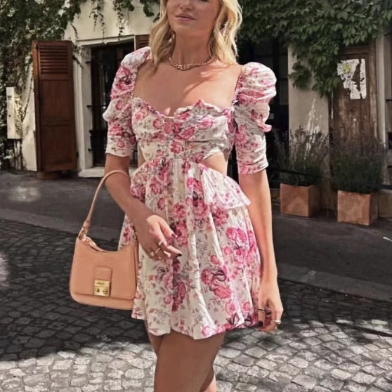 LIZAKOSHT  -  Sexy Backless Hollow Out Waist Mini Dress Women Robe Vintage Short Sleeve Floral Print Boho Dress Summer Party Vestidos Fashionable Pleated Mini Dress