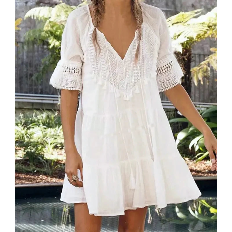 LIZAKOSHT  -  White Short Sleeve Lace Dress for Women Robe Casual Lace Up Tassel O-neck Mini Dresses Summer Boho Beach Wear Vestidos Cozy Ruched Mini Dress