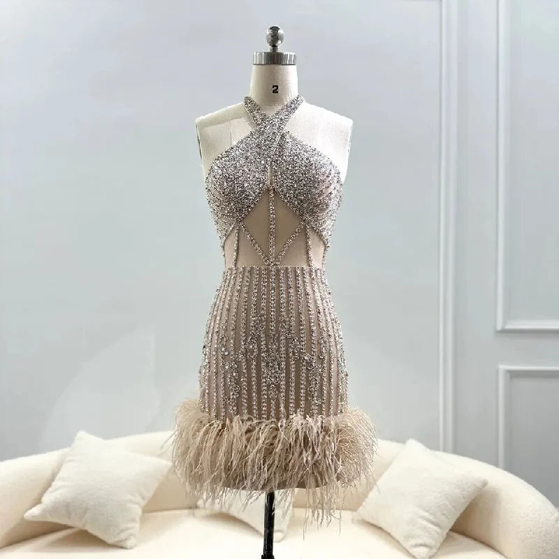 Luxury Feather Trim  Halter Neck Mini Dress Stylish Short-Sleeve Mini Dress