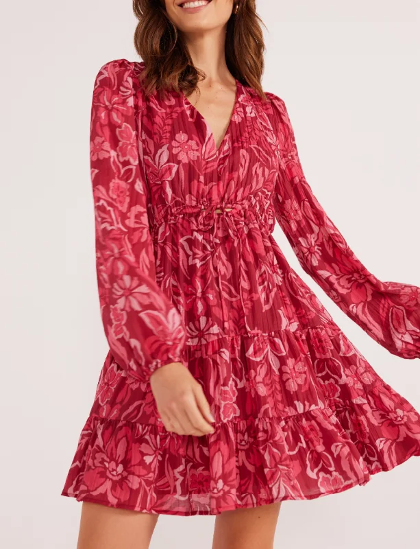 MinkPink Mae Long Sleeve Mini Dress - Plum Floral Cozy Jersey Mini Dress