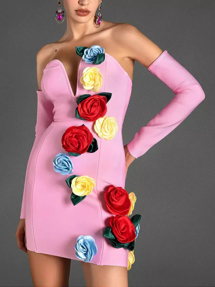Multicolored Rose Applique Pink Strapless Mini Dress Cozy Long Sleeve Mini Dress