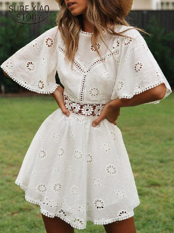 SURE STORY Cotton Hollow-Out Backless Mini Dress Trendy Button-Detail Mini Dress