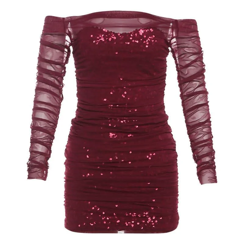Off shoulder glitter long sleeve mesh ruched mini dress Stylish Spaghetti Strap Mini Dress