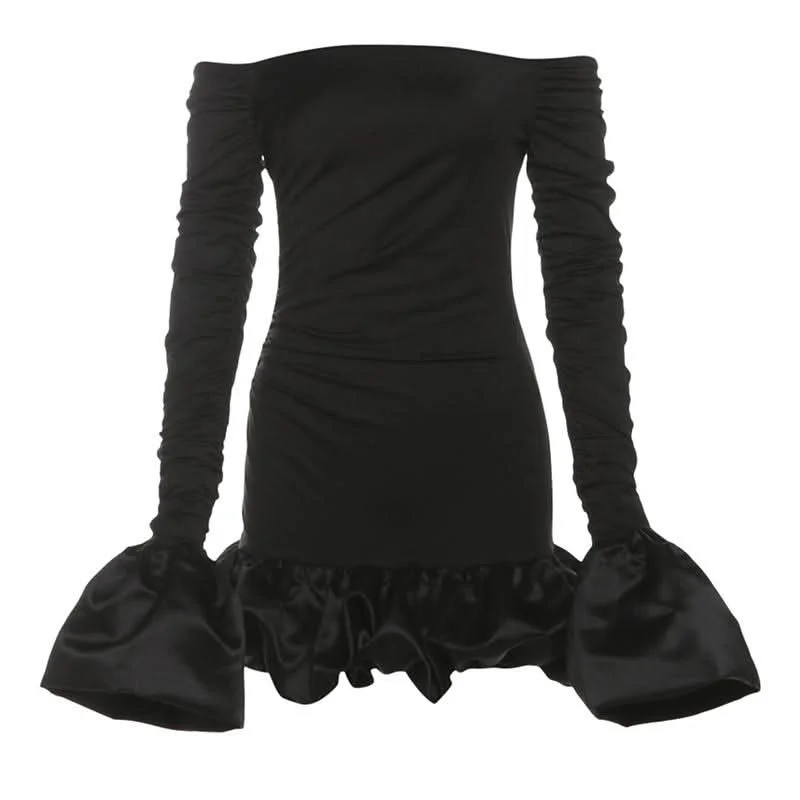 Off shoulder long sleeve ruched mini dress Fashionable Lace-Trim Mini Dress