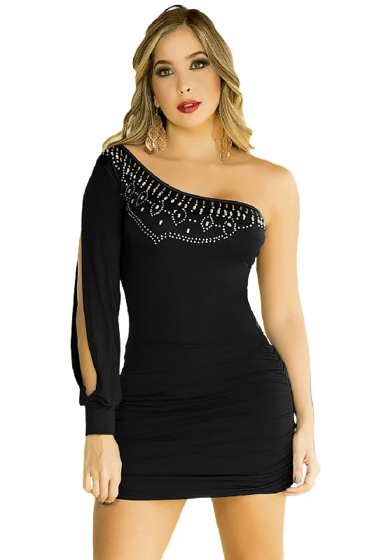 One Shoulder Bejeweled Long Sleeve Fitted Club Mini Dress Cozy T-Shirt Mini Dress
