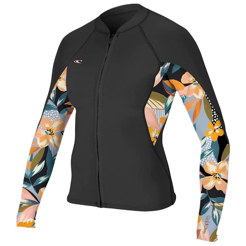 O'Neill Bahia 1.5mm Women's Front Zip Wetsuit Jacket - Black/Demi Floral Elasticated Jacket Padded Jacket Insulated Jacket