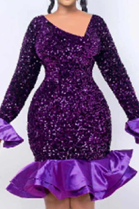 Patchwork Sequined Unique Trumpet Sleeve Mini Dress Elegant Silk Mini Dress