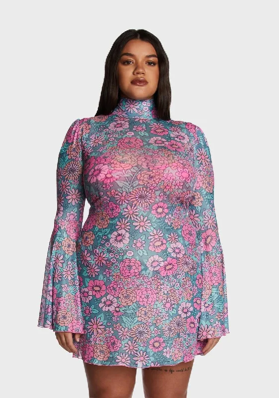 Plus Modern Love Mini Dress - Pink/Blue Trendy Mesh Mini Dress