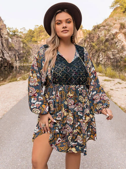 Plus Size Floral Tie Neck Balloon Sleeve Mini Dress Stylish Floral Print Mini Dress