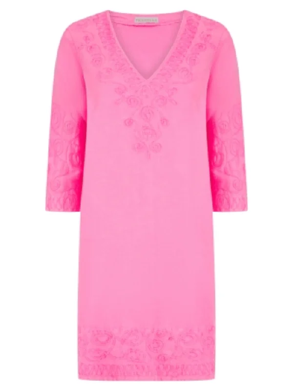 Pranella URSULA Neon Pink Embroidered Mini Dress Stylish Puff Sleeve Mini Dress