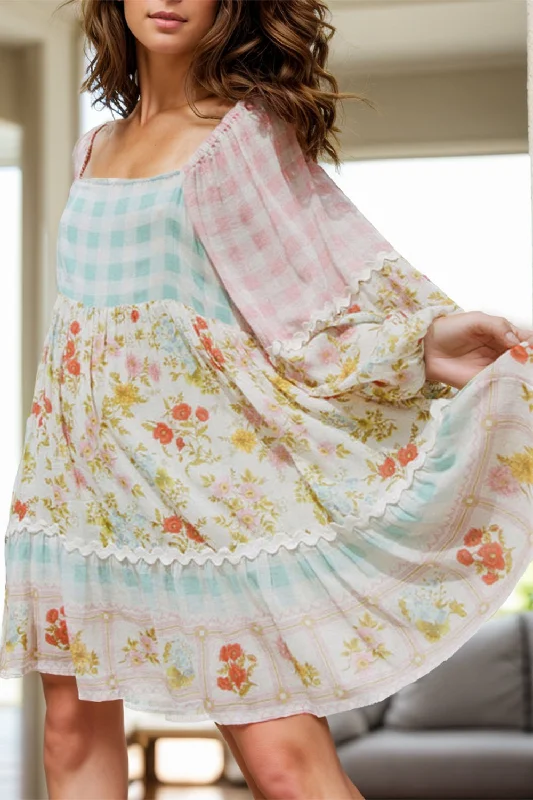 Hazel Blues® |  Printed Plaid Square Neck Long Sleeve Mini Dress Elegant Satin Mini Dress