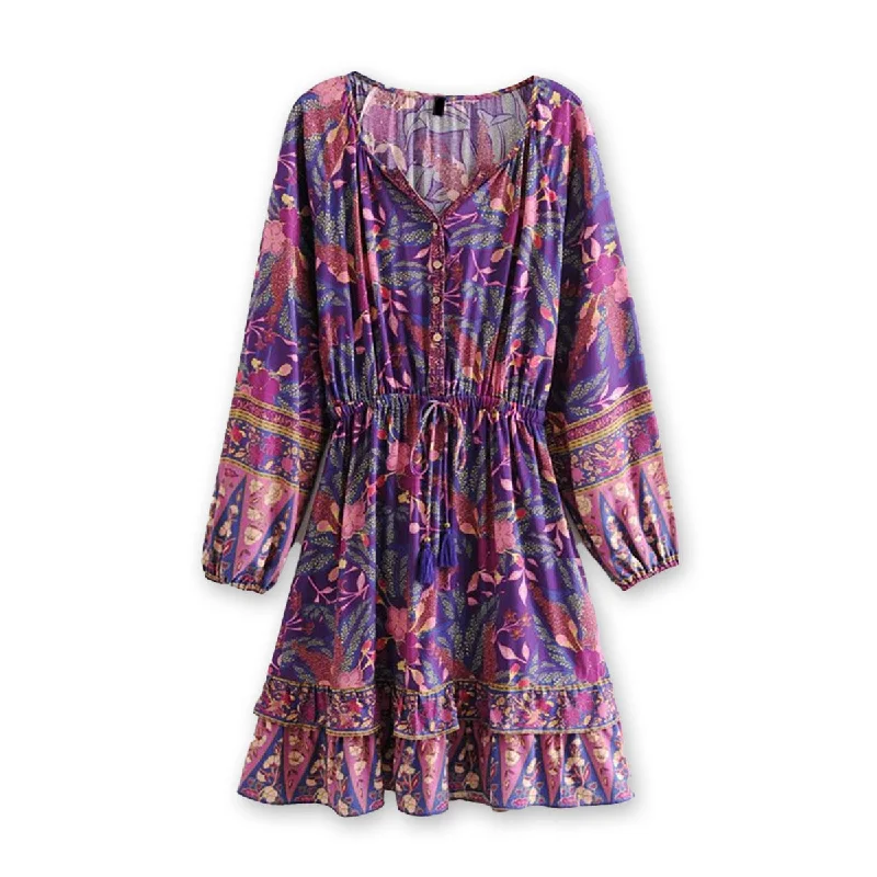 Purple Wisteria Boho Floral Print Long Sleeve Mini Dress Trendy A-Line Mini Dress