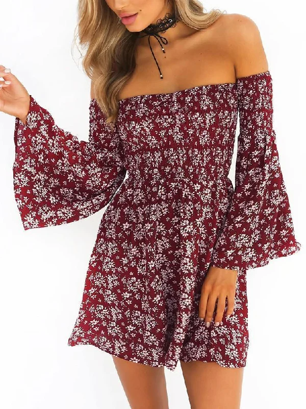 Ruched Off Shoulder Flare Sleeve Printed Mini Dress Classic Black Mini Dress