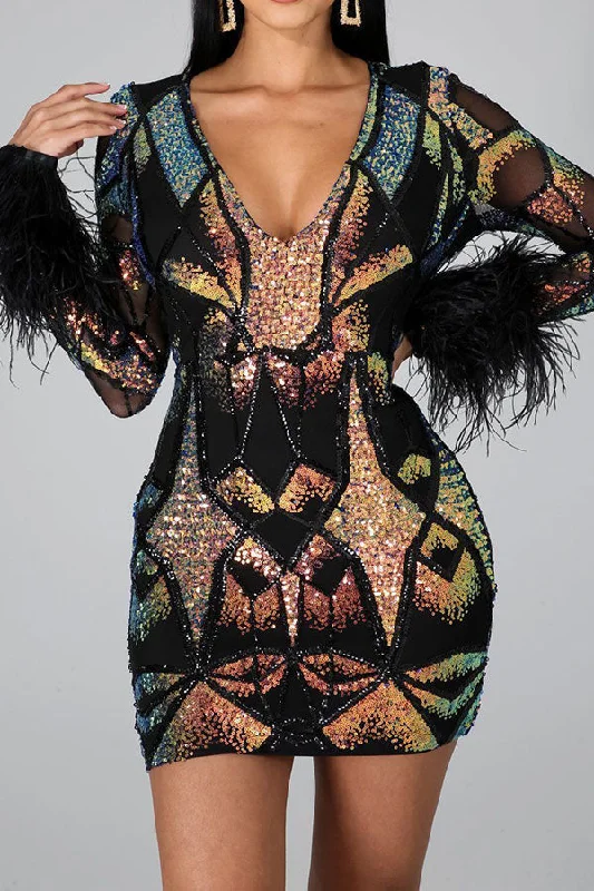 Sequined Party V Neck Mini Dress Fashionable Lace Mini Dress