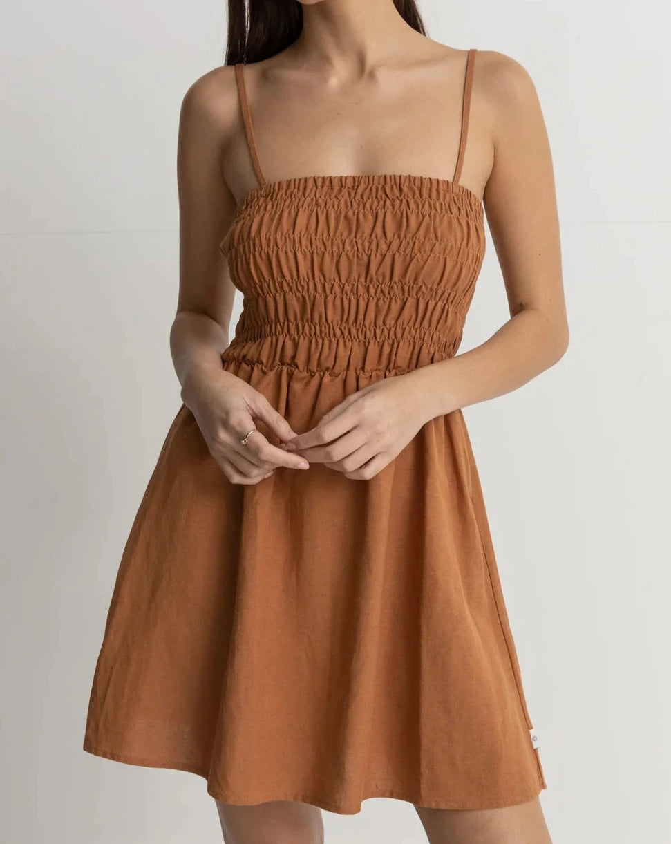 Shirred Mini Dress in Caramel Chic Pleated Mini Dress