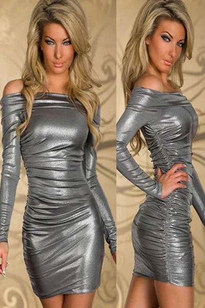 Silver Ruched Off-shoulder Sleeves Mini Dress Casual Button-Up Mini Dress