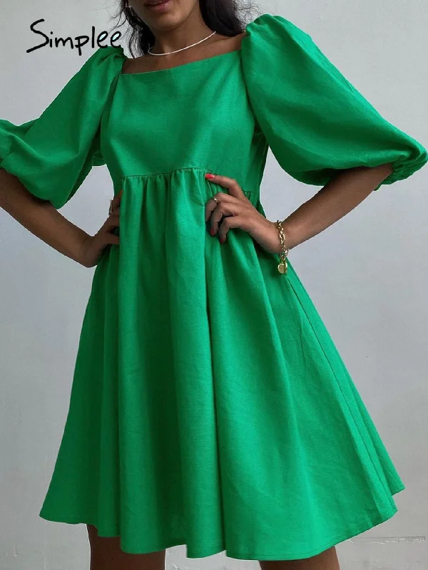 Simplee A-line Puff Short Sleeve Square Collar High Waist Mini Dress Stylish Summer Mini Dress