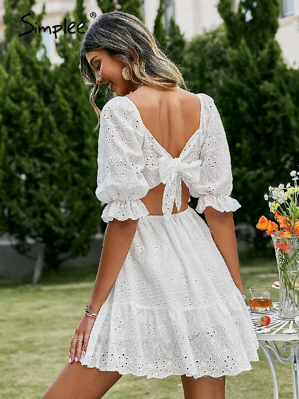 SIMPLEE Cotton Lace Hollow-Out High Waist Ruffle White Mini Dress Comfortable Ruffle Mini Dress SIMPLEE Cotton Lace Hollow-Out High Waist Ruffle White Mini Dress Comfortable Ruffle Mini Dress